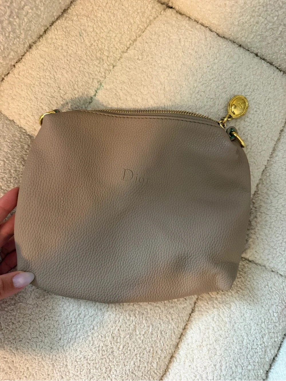 Dior Beige Taupe Pebbled Leather Cosmetic Pouch with Gold Hardware